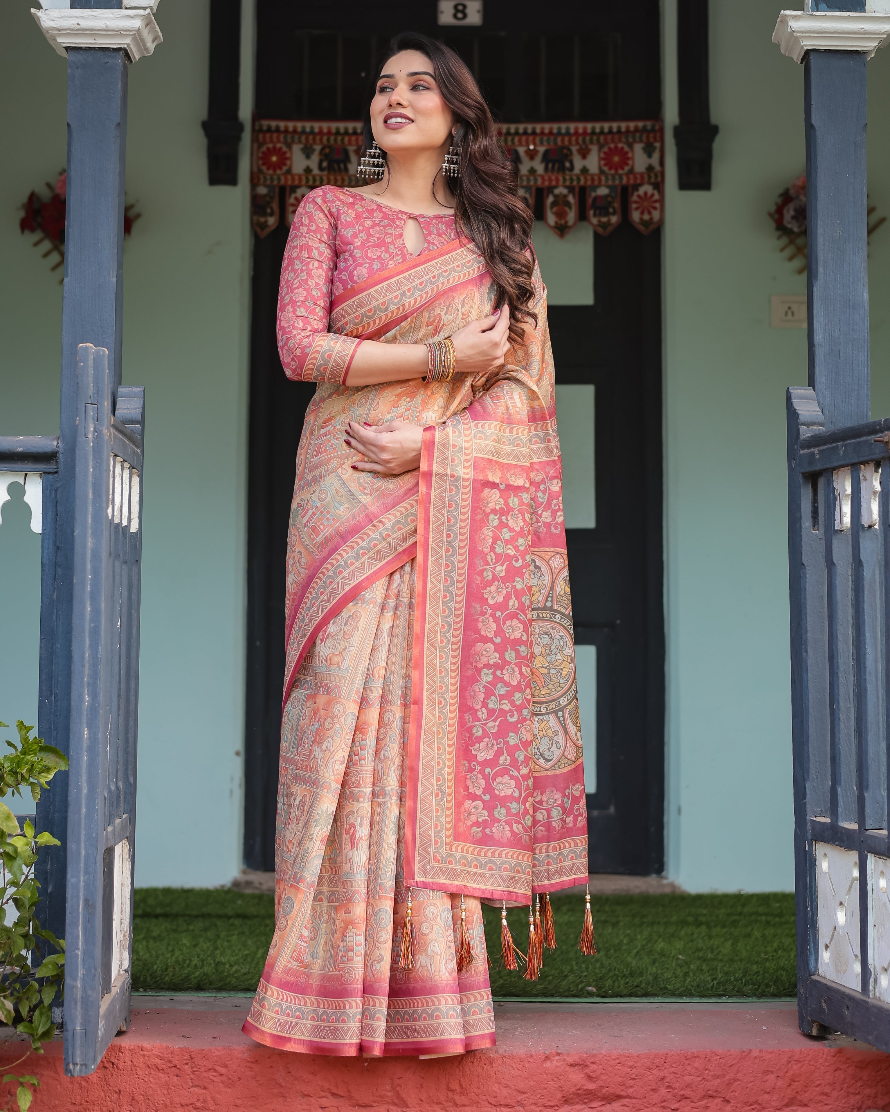 Peach and Pink Handloom Cotton-Linen Saree with Mythological Motifs and Floral Pallu LINEN HANDLOOM