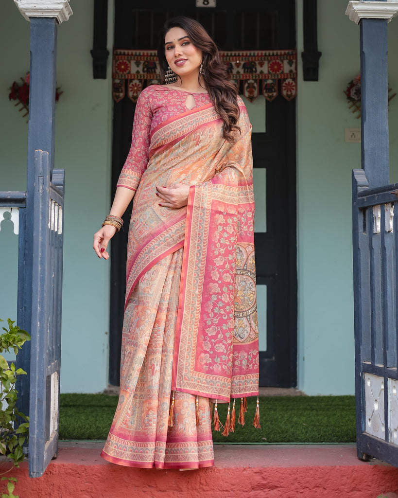 Peach and Pink Handloom Cotton-Linen Saree with Mythological Motifs and Floral Pallu LINEN HANDLOOM