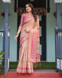 Load image into Gallery viewer, Peach and Pink Handloom Cotton-Linen Saree with Mythological Motifs and Floral Pallu LINEN HANDLOOM