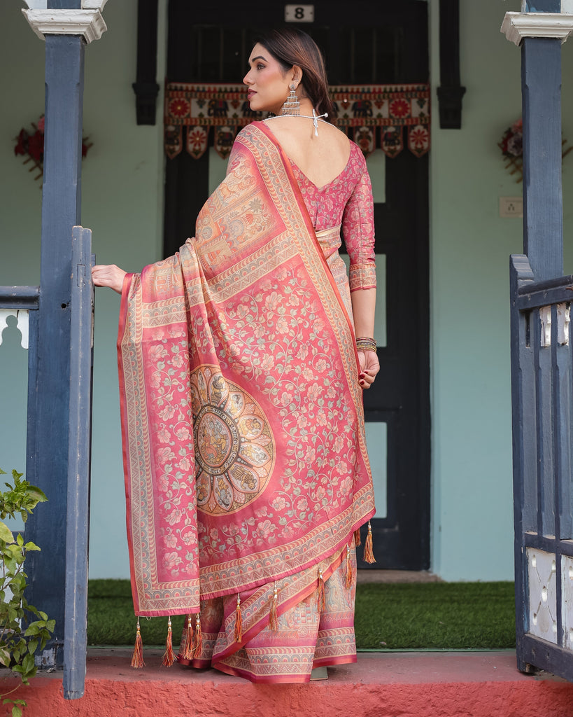 Peach and Pink Handloom Cotton-Linen Saree with Mythological Motifs and Floral Pallu LINEN HANDLOOM