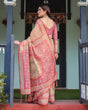 Load image into Gallery viewer, Peach and Pink Handloom Cotton-Linen Saree with Mythological Motifs and Floral Pallu LINEN HANDLOOM