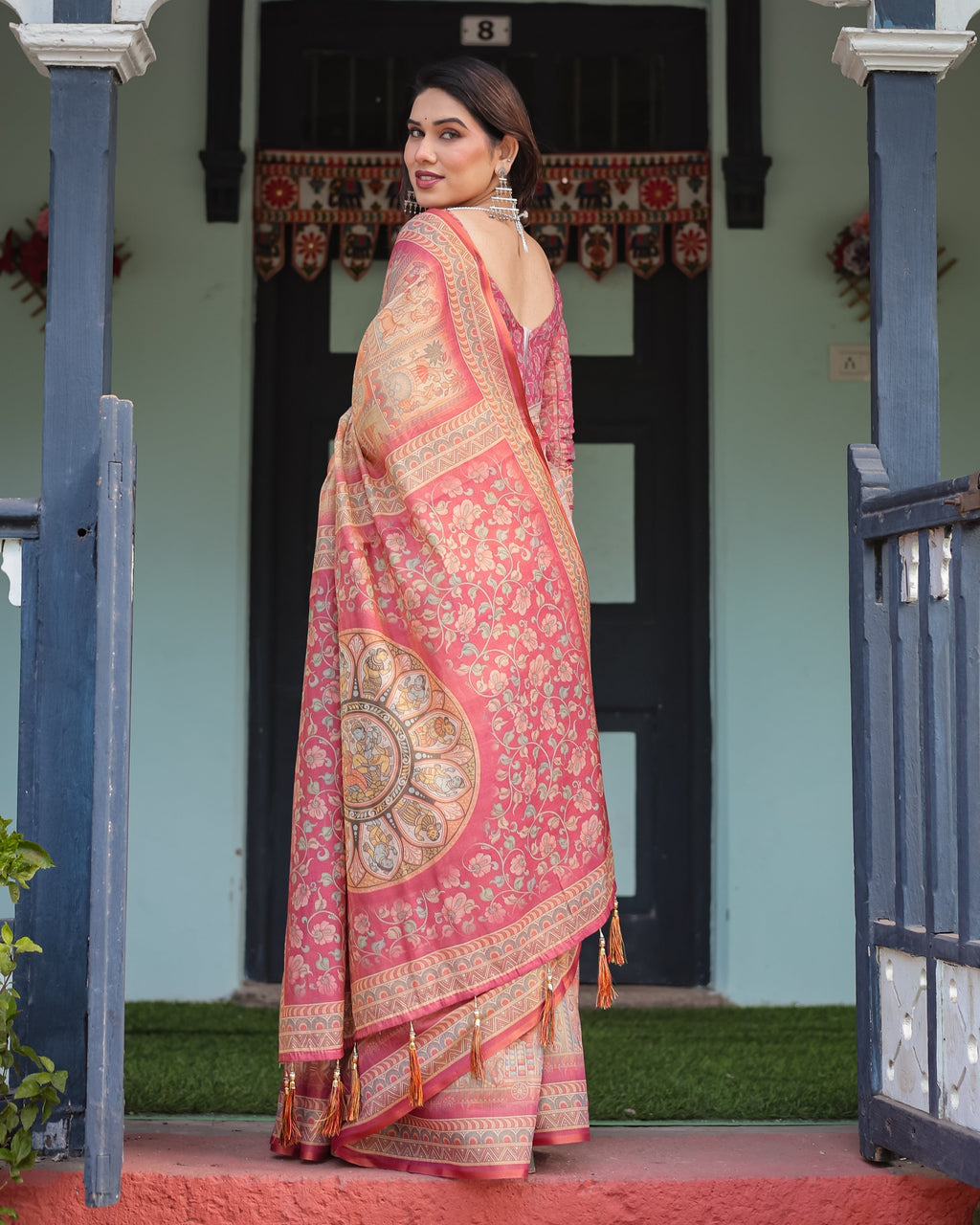 Peach and Pink Handloom Cotton-Linen Saree with Mythological Motifs and Floral Pallu LINEN HANDLOOM