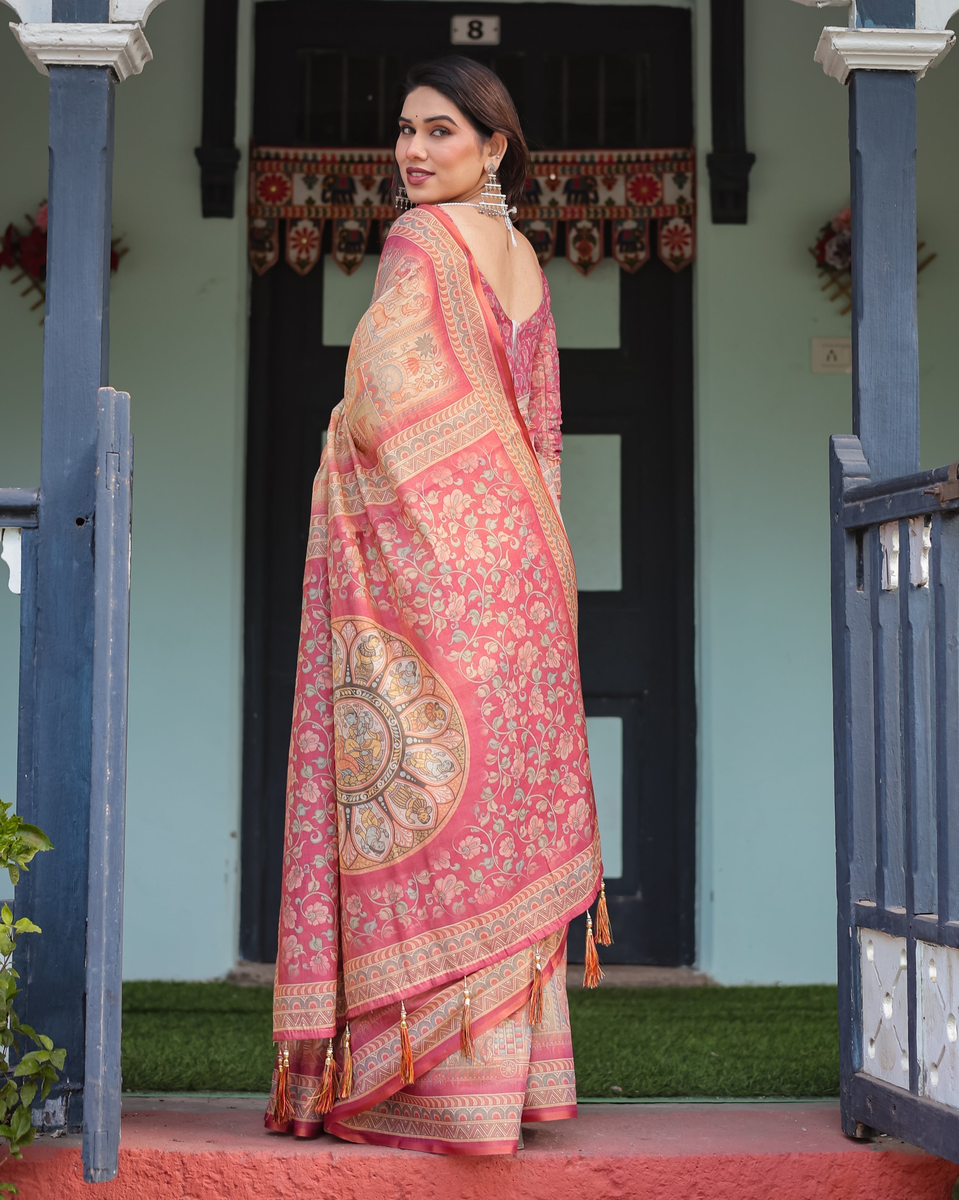 Peach and Pink Handloom Cotton-Linen Saree with Mythological Motifs and Floral Pallu LINEN HANDLOOM