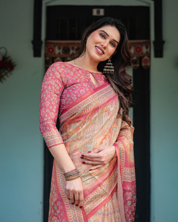 Peach and Pink Handloom Cotton-Linen Saree with Mythological Motifs and Floral Pallu LINEN HANDLOOM