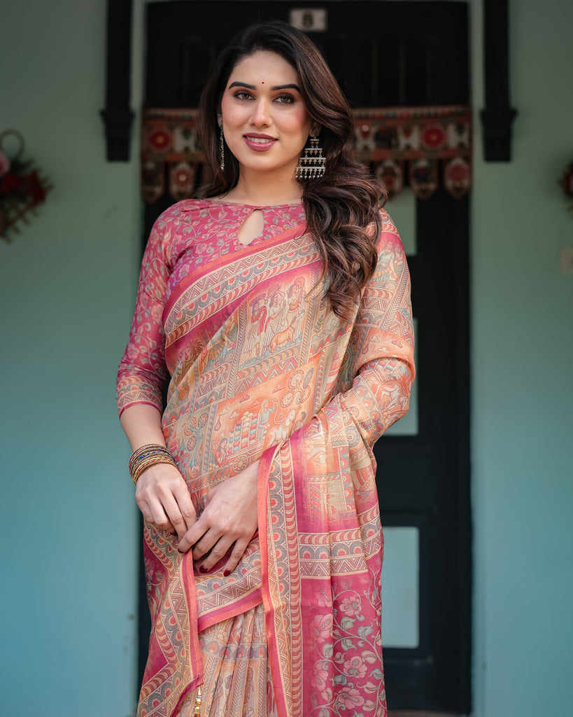 Peach and Pink Handloom Cotton-Linen Saree with Mythological Motifs and Floral Pallu LINEN HANDLOOM