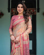 Load image into Gallery viewer, Peach and Pink Handloom Cotton-Linen Saree with Mythological Motifs and Floral Pallu LINEN HANDLOOM