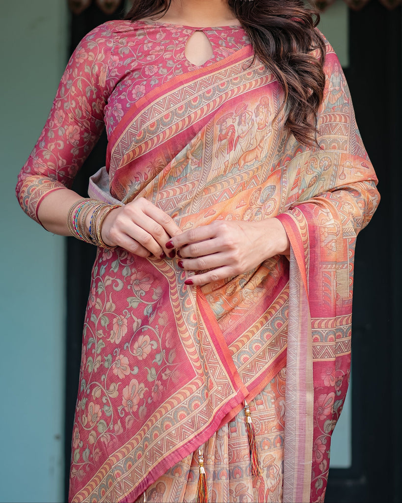 Peach and Pink Handloom Cotton-Linen Saree with Mythological Motifs and Floral Pallu LINEN HANDLOOM