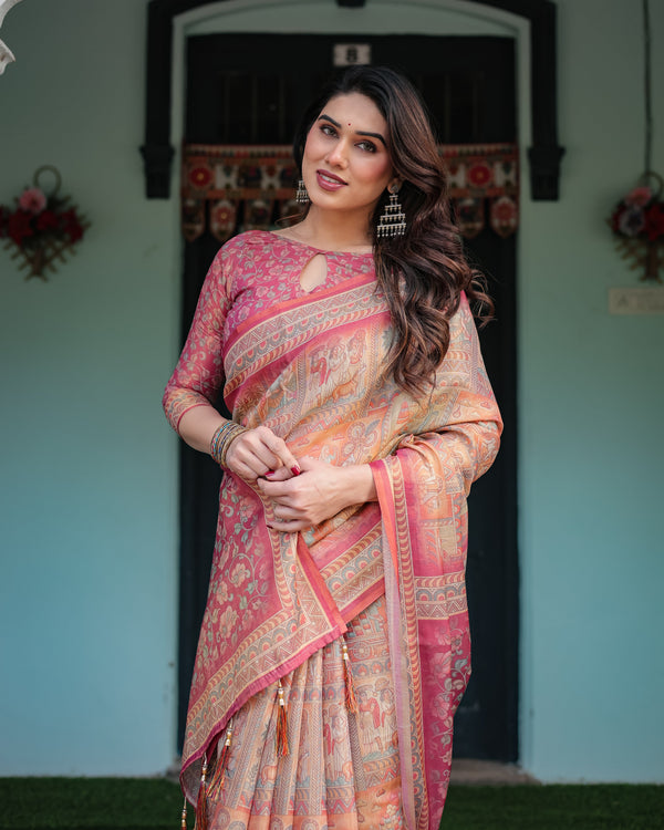 Peach and Pink Handloom Cotton-Linen Saree with Mythological Motifs and Floral Pallu LINEN HANDLOOM