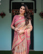 Load image into Gallery viewer, Peach and Pink Handloom Cotton-Linen Saree with Mythological Motifs and Floral Pallu LINEN HANDLOOM