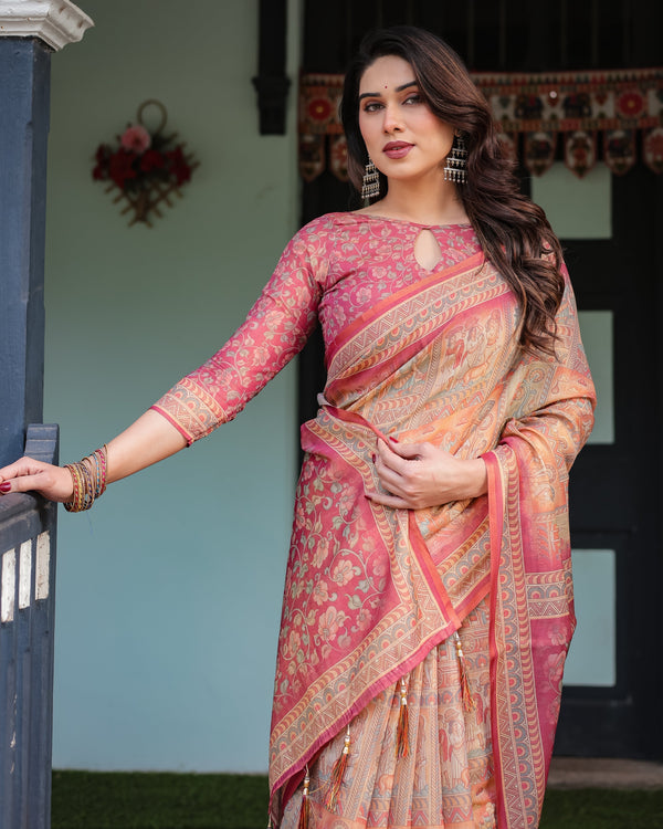 Peach and Pink Handloom Cotton-Linen Saree with Mythological Motifs and Floral Pallu LINEN HANDLOOM