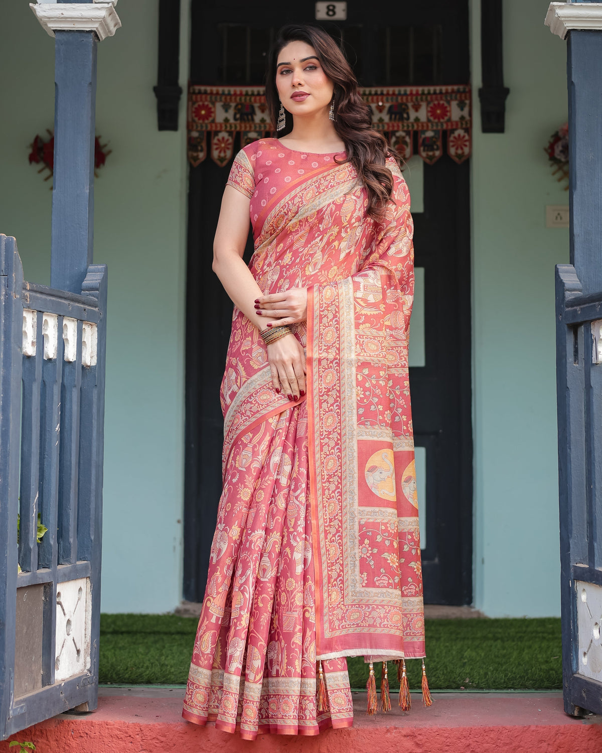 Crimson Red Handloom Cotton-Linen Saree with Mythological Motifs and Floral Border LINEN HANDLOOM Main image