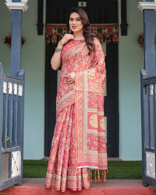 Crimson Red Handloom Cotton-Linen Saree with Mythological Motifs and Floral Border LINEN HANDLOOM