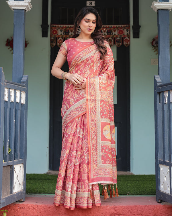 Crimson Red Handloom Cotton-Linen Saree with Mythological Motifs and Floral Border LINEN HANDLOOM