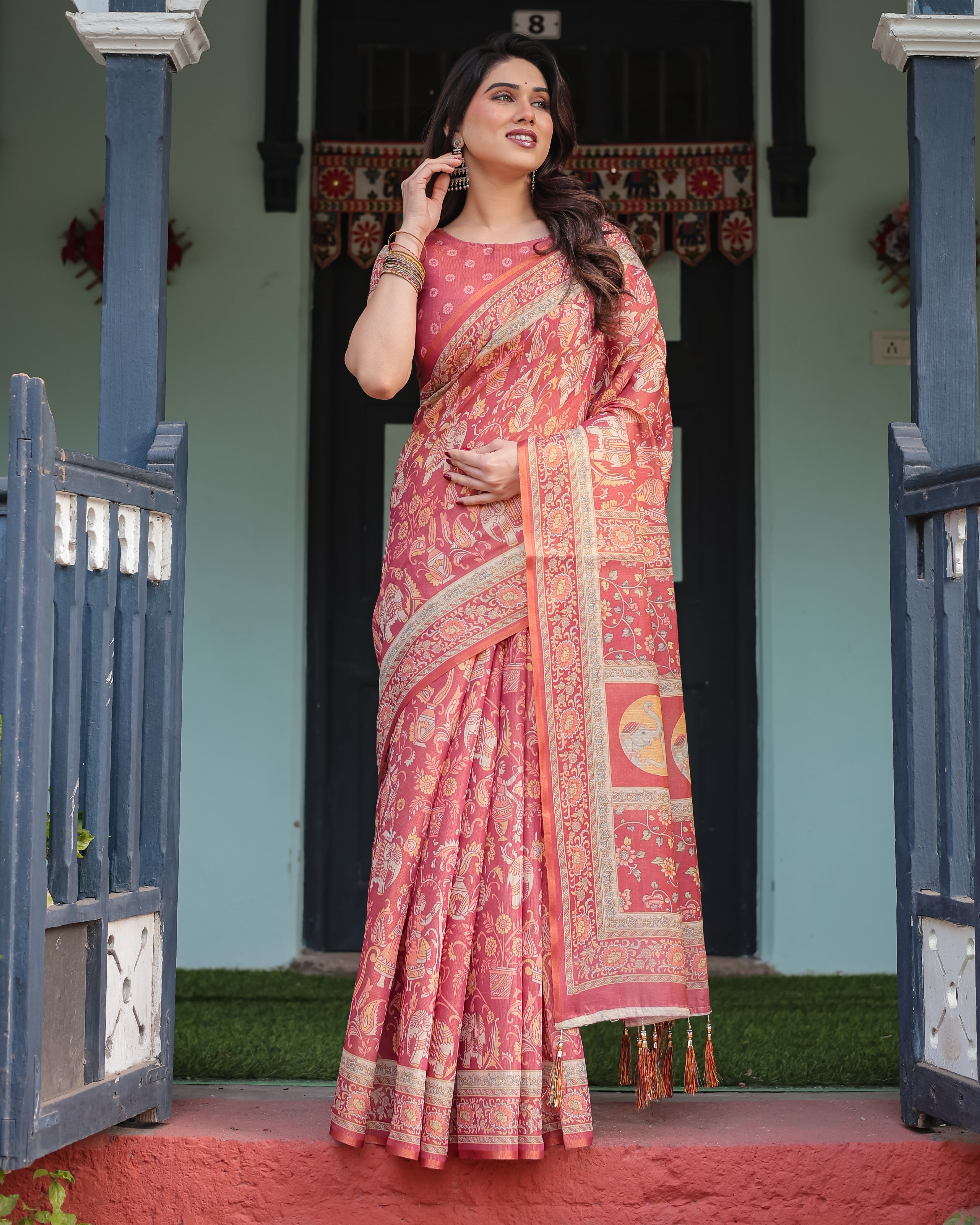 Crimson Red Handloom Cotton-Linen Saree with Mythological Motifs and Floral Border LINEN HANDLOOM