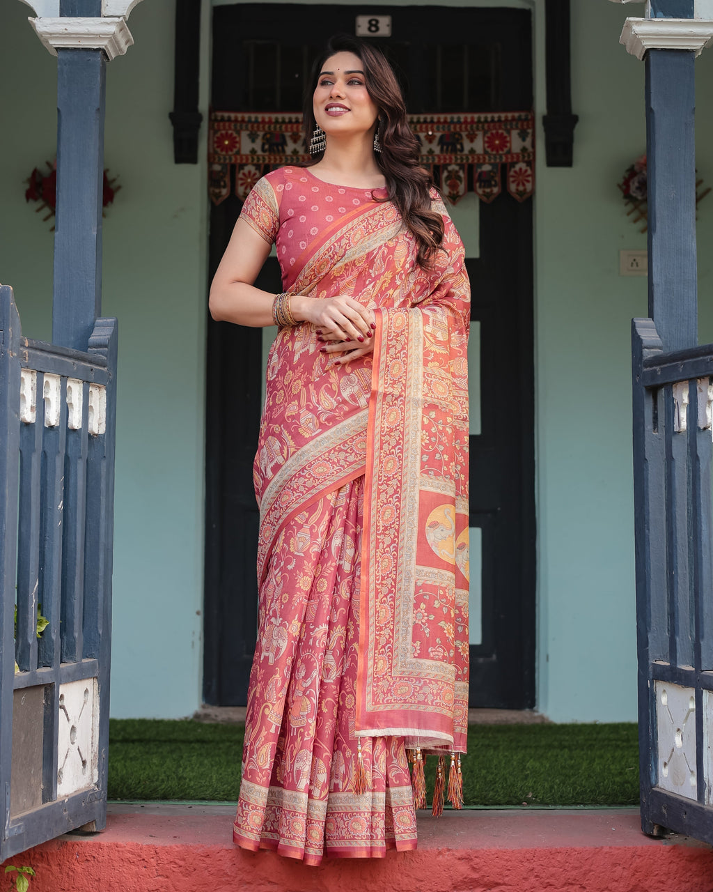 Crimson Red Handloom Cotton-Linen Saree with Mythological Motifs and Floral Border LINEN HANDLOOM