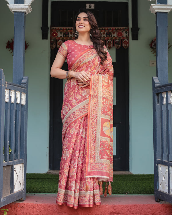 Crimson Red Handloom Cotton-Linen Saree with Mythological Motifs and Floral Border LINEN HANDLOOM