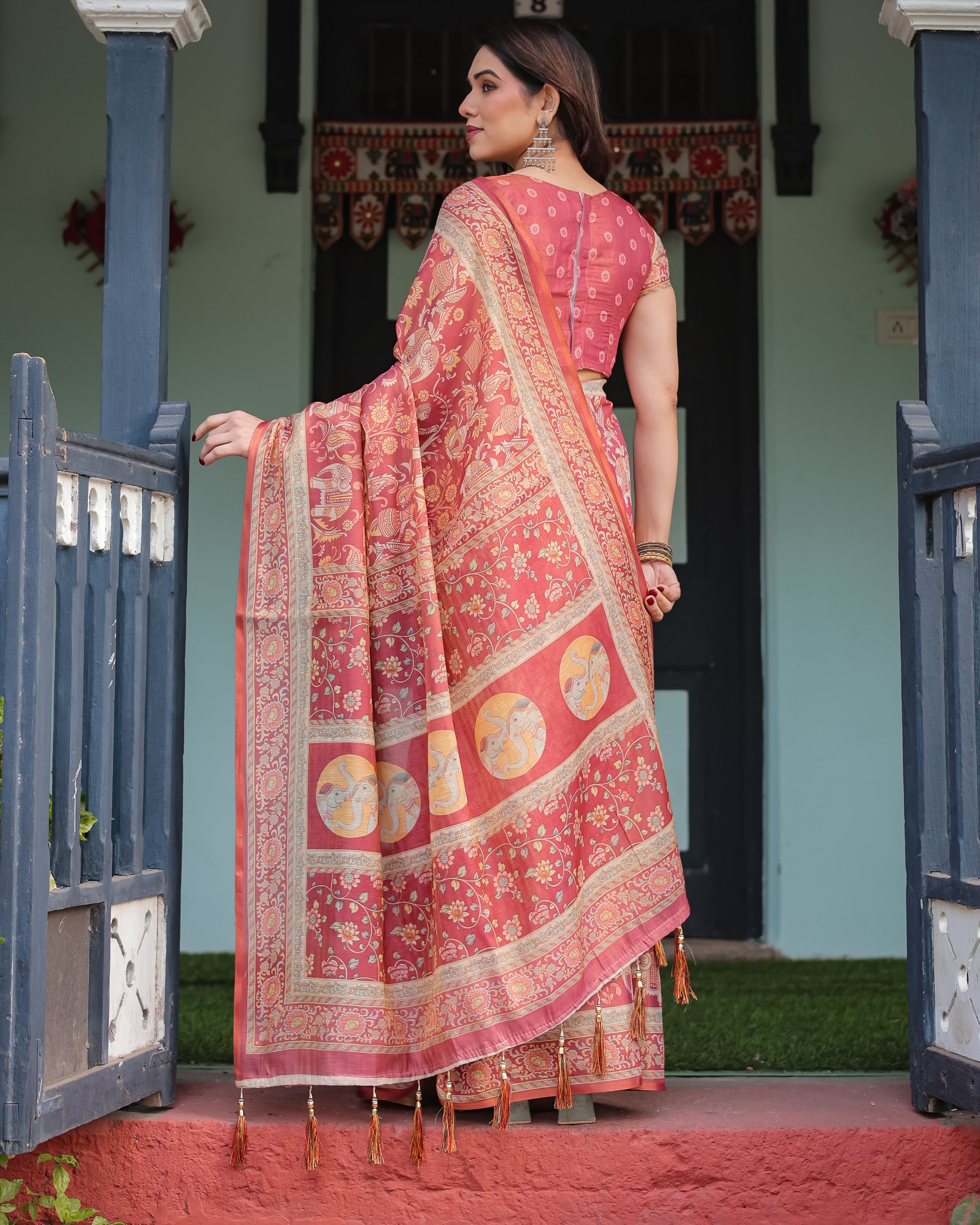 Crimson Red Handloom Cotton-Linen Saree with Mythological Motifs and Floral Border LINEN HANDLOOM