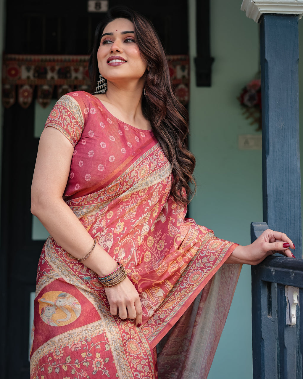 Crimson Red Handloom Cotton-Linen Saree with Mythological Motifs and Floral Border LINEN HANDLOOM