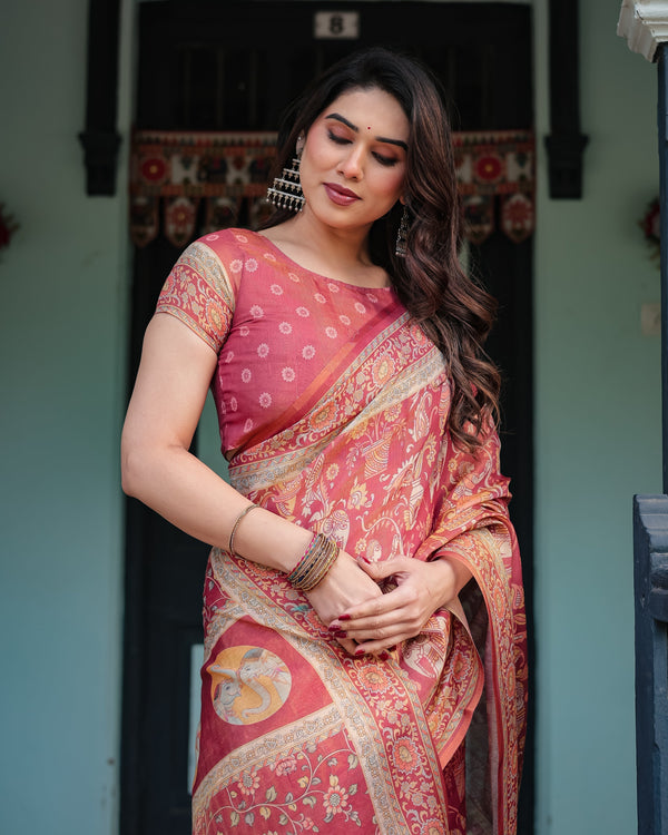 Crimson Red Handloom Cotton-Linen Saree with Mythological Motifs and Floral Border LINEN HANDLOOM