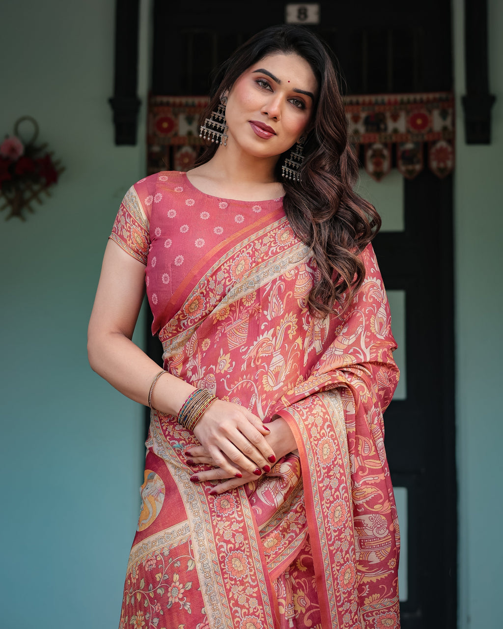 Crimson Red Handloom Cotton-Linen Saree with Mythological Motifs and Floral Border LINEN HANDLOOM