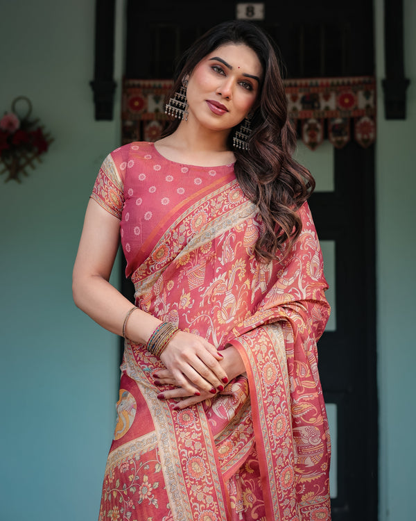 Crimson Red Handloom Cotton-Linen Saree with Mythological Motifs and Floral Border LINEN HANDLOOM