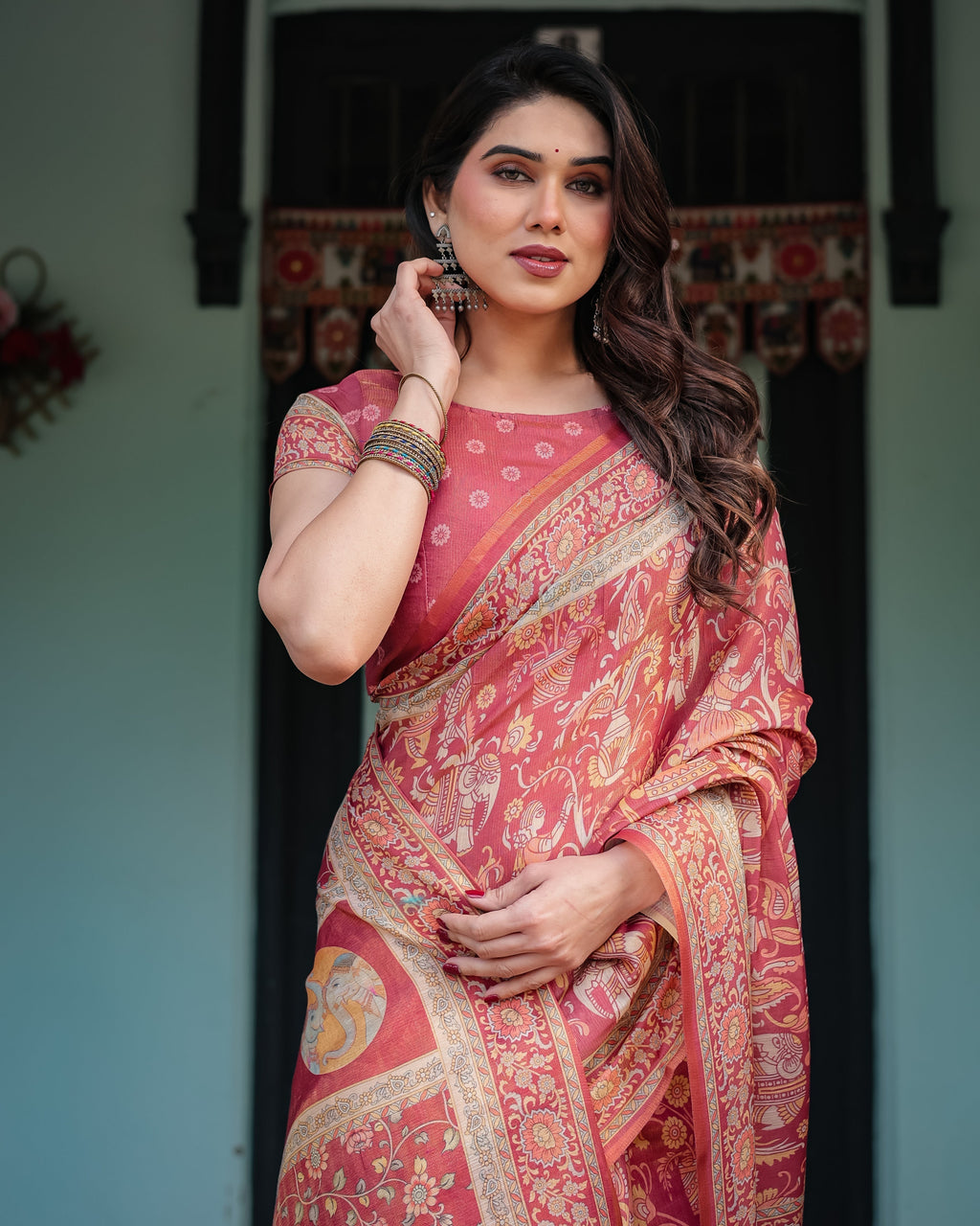 Crimson Red Handloom Cotton-Linen Saree with Mythological Motifs and Floral Border LINEN HANDLOOM