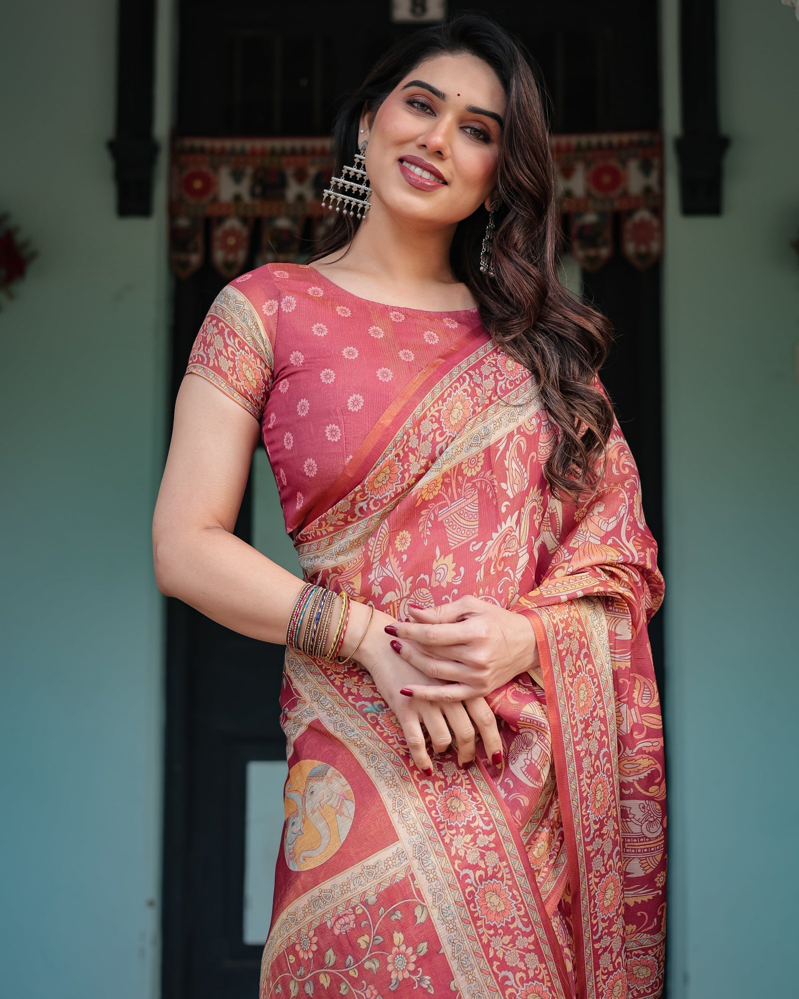 Crimson Red Handloom Cotton-Linen Saree with Mythological Motifs and Floral Border LINEN HANDLOOM