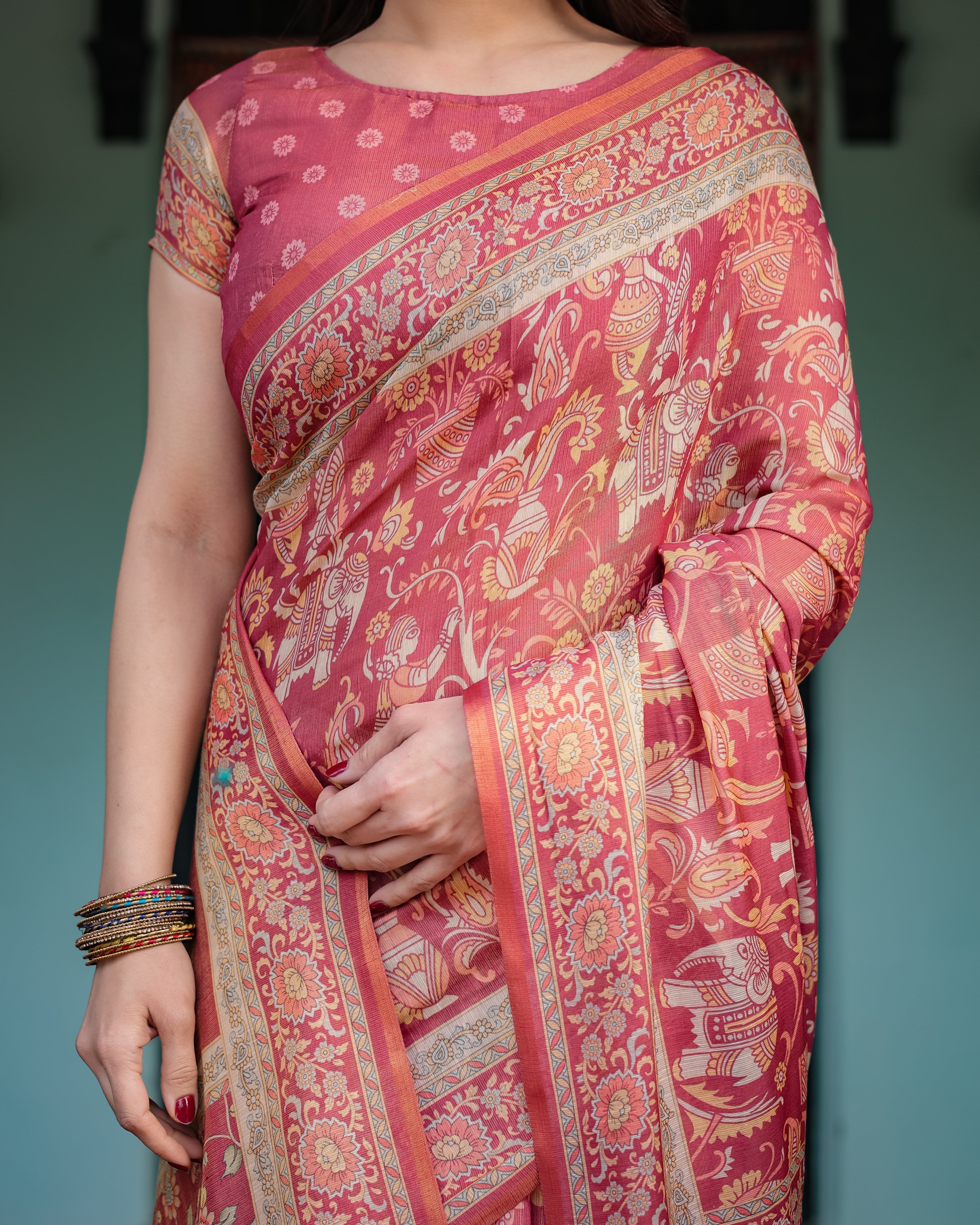 Crimson Red Handloom Cotton-Linen Saree with Mythological Motifs and Floral Border LINEN HANDLOOM