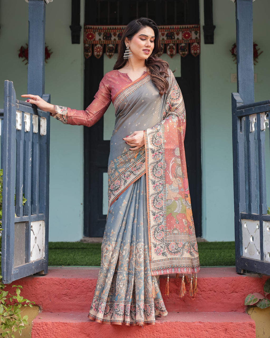 Slate Blue Handloom Cotton-Linen Saree with Vibrant Folk Motifs and Floral Pallu LINEN HANDLOOM