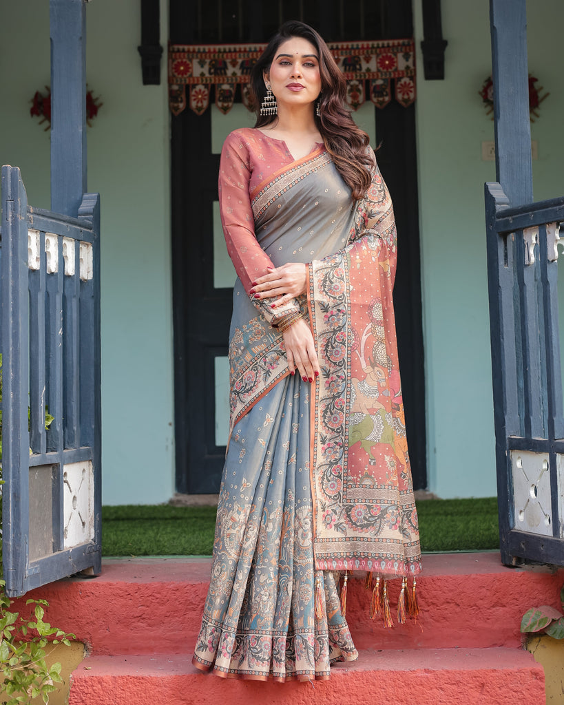 Slate Blue Handloom Cotton-Linen Saree with Vibrant Folk Motifs and Floral Pallu LINEN HANDLOOM