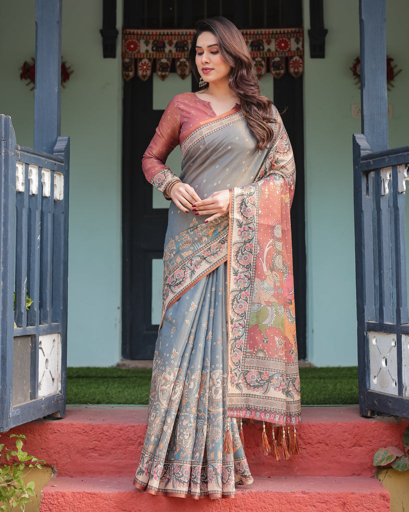Slate Blue Handloom Cotton-Linen Saree with Vibrant Folk Motifs and Floral Pallu LINEN HANDLOOM
