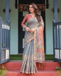 Load image into Gallery viewer, Slate Blue Handloom Cotton-Linen Saree with Vibrant Folk Motifs and Floral Pallu LINEN HANDLOOM