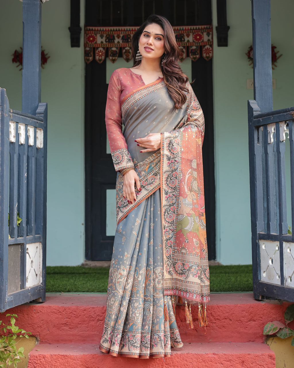 Slate Blue Handloom Cotton-Linen Saree with Vibrant Folk Motifs and Floral Pallu LINEN HANDLOOM