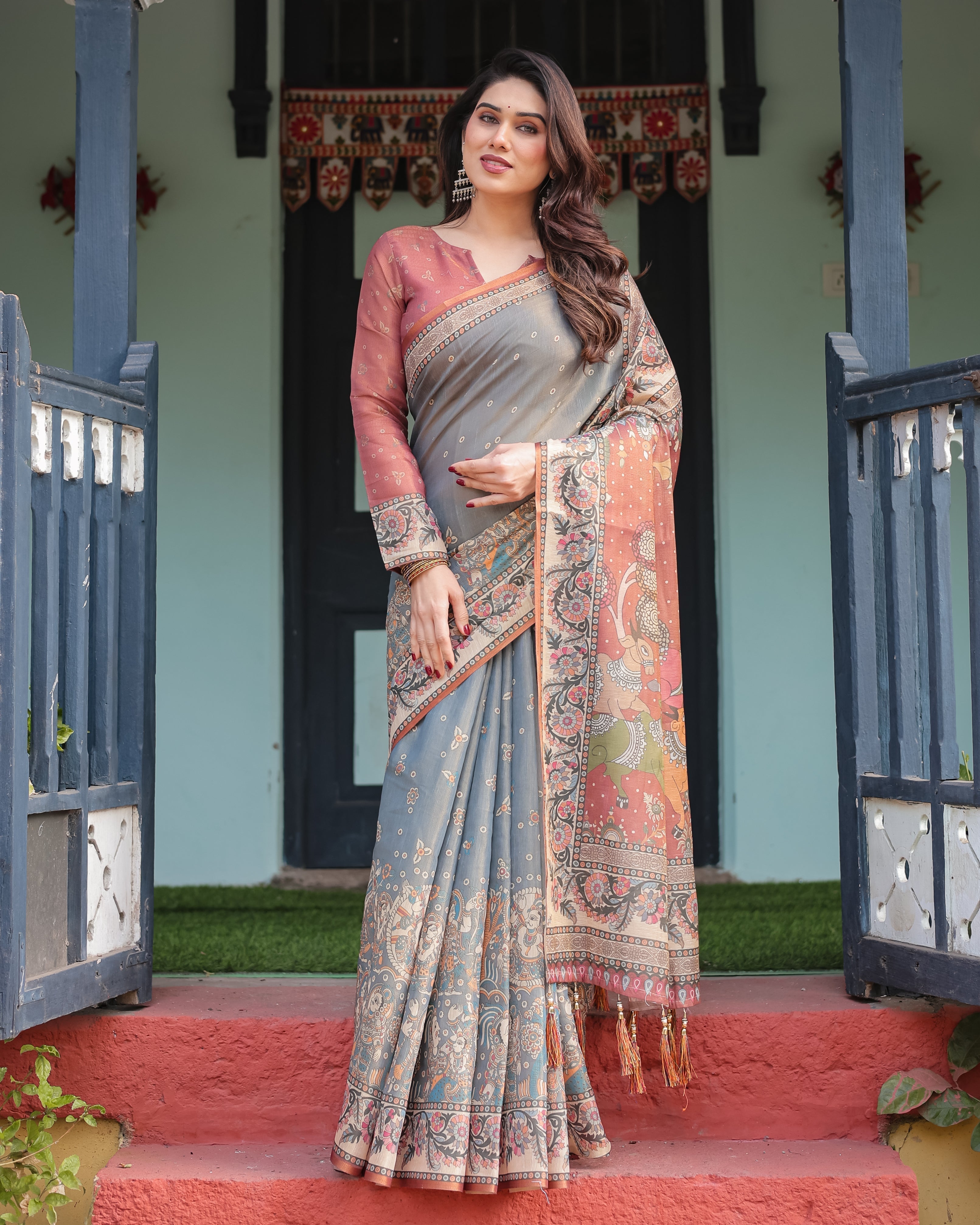 Slate Blue Handloom Cotton-Linen Saree with Vibrant Folk Motifs and Floral Pallu LINEN HANDLOOM