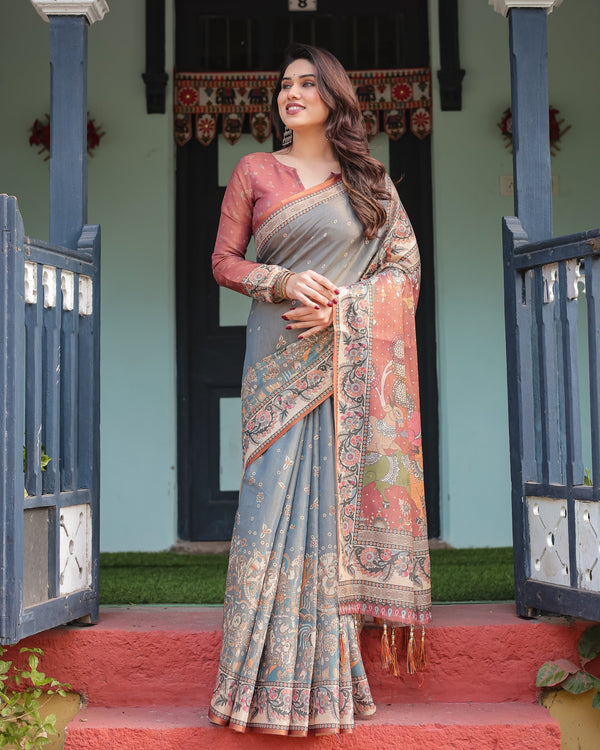 Slate Blue Handloom Cotton-Linen Saree with Vibrant Folk Motifs and Floral Pallu LINEN HANDLOOM