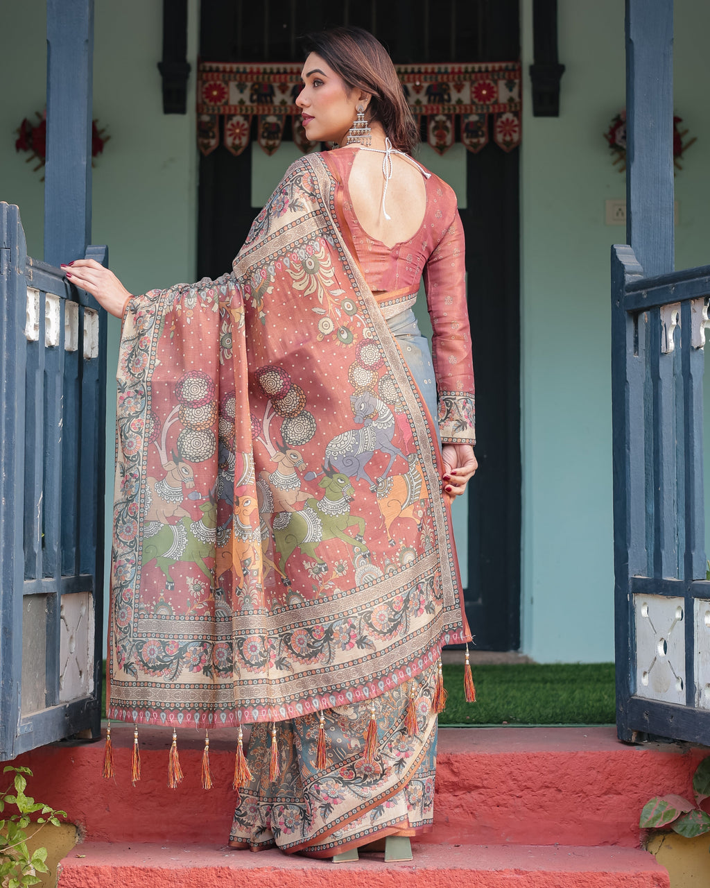 Slate Blue Handloom Cotton-Linen Saree with Vibrant Folk Motifs and Floral Pallu LINEN HANDLOOM