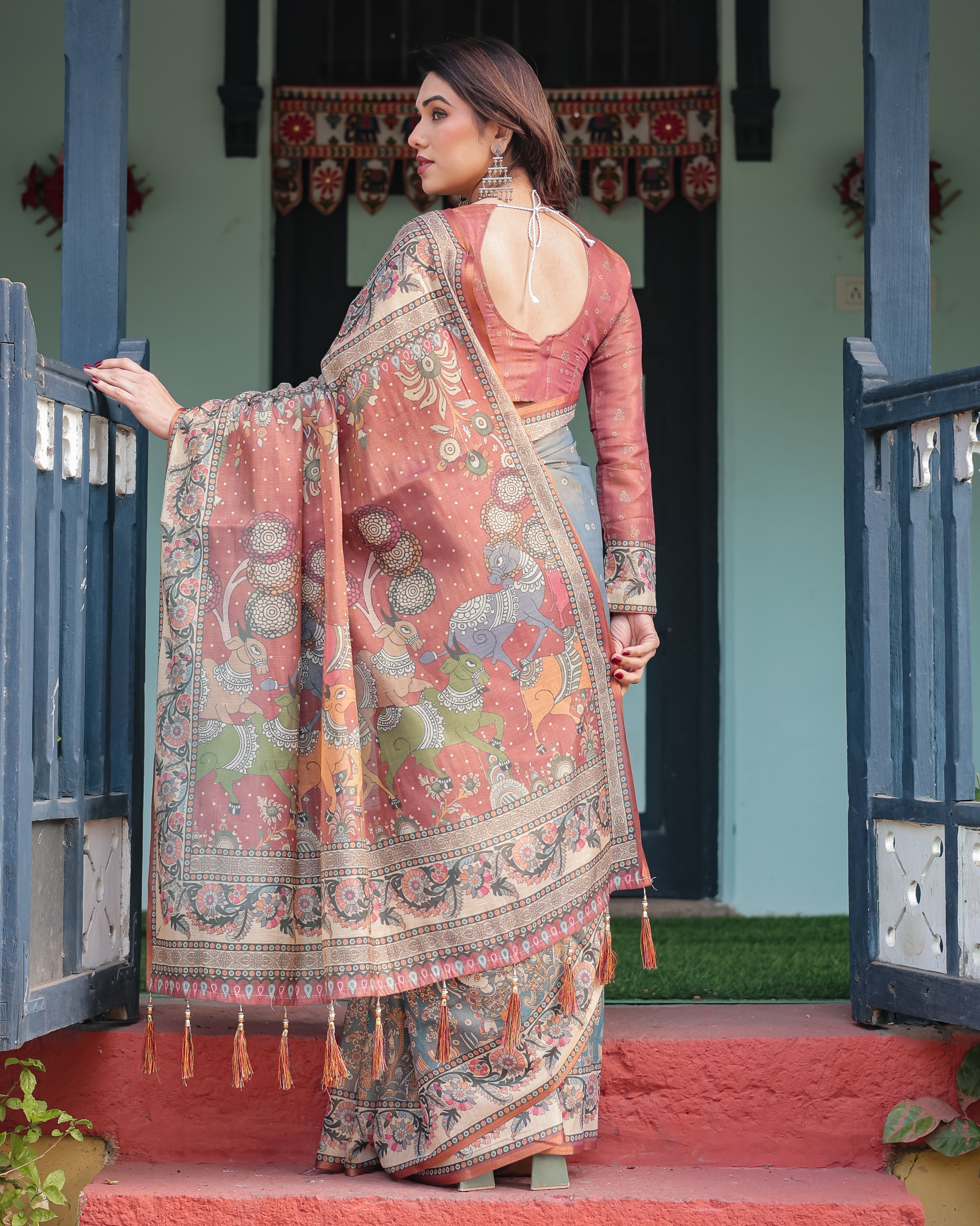 Slate Blue Handloom Cotton-Linen Saree with Vibrant Folk Motifs and Floral Pallu LINEN HANDLOOM