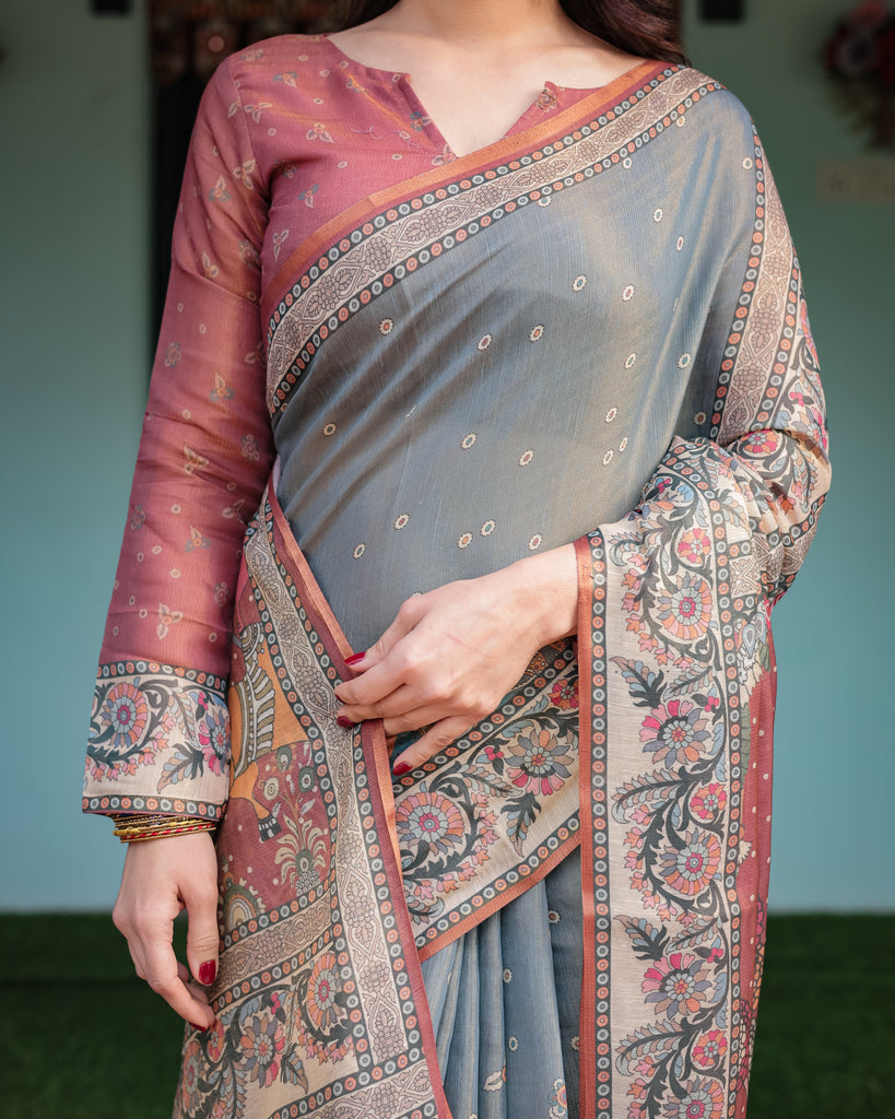 Slate Blue Handloom Cotton-Linen Saree with Vibrant Folk Motifs and Floral Pallu LINEN HANDLOOM