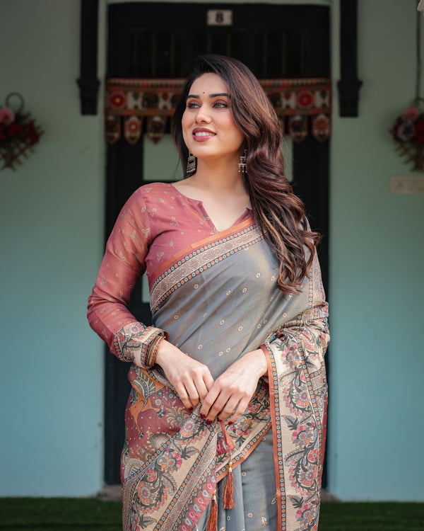 Slate Blue Handloom Cotton-Linen Saree with Vibrant Folk Motifs and Floral Pallu LINEN HANDLOOM