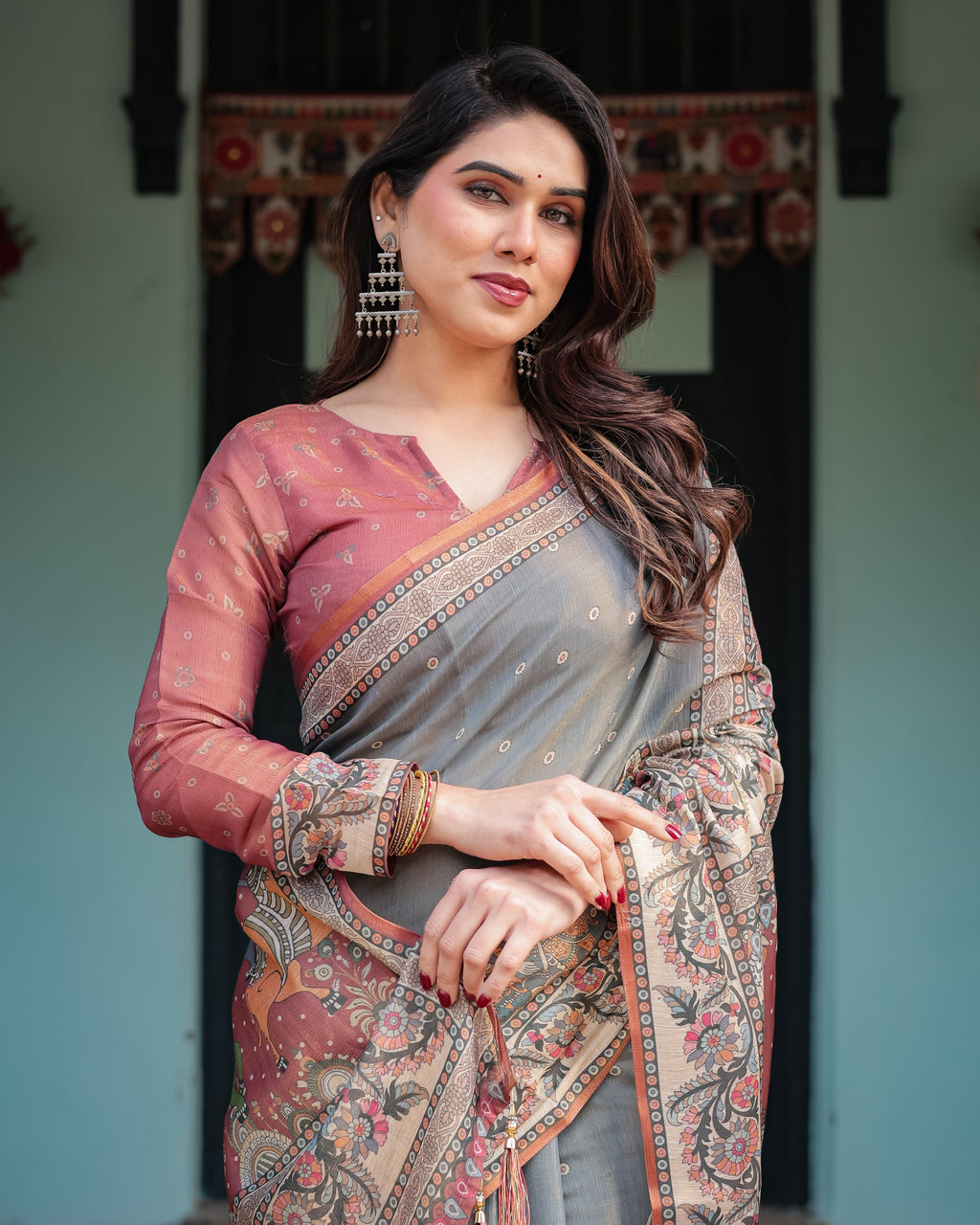 Slate Blue Handloom Cotton-Linen Saree with Vibrant Folk Motifs and Floral Pallu LINEN HANDLOOM