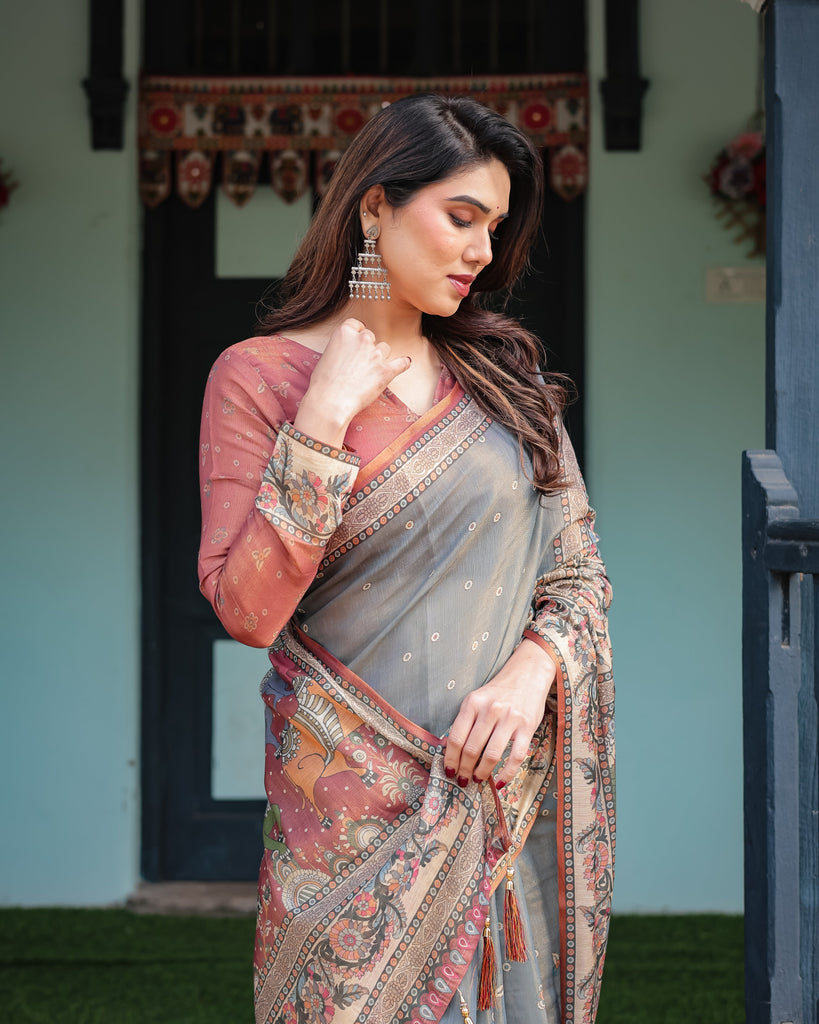 Slate Blue Handloom Cotton-Linen Saree with Vibrant Folk Motifs and Floral Pallu LINEN HANDLOOM