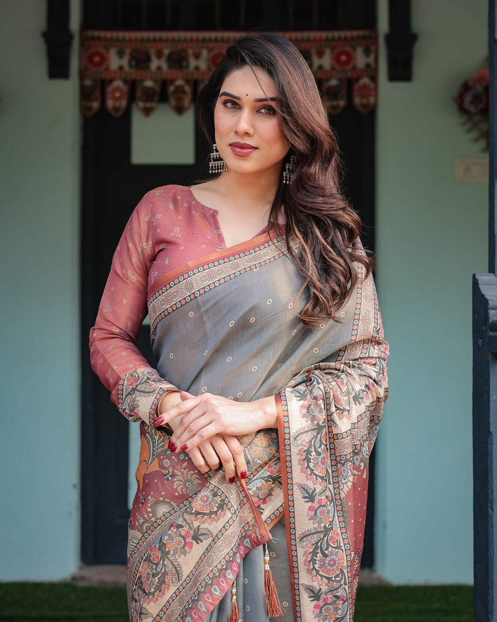 Slate Blue Handloom Cotton-Linen Saree with Vibrant Folk Motifs and Floral Pallu LINEN HANDLOOM