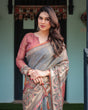 Load image into Gallery viewer, Slate Blue Handloom Cotton-Linen Saree with Vibrant Folk Motifs and Floral Pallu LINEN HANDLOOM