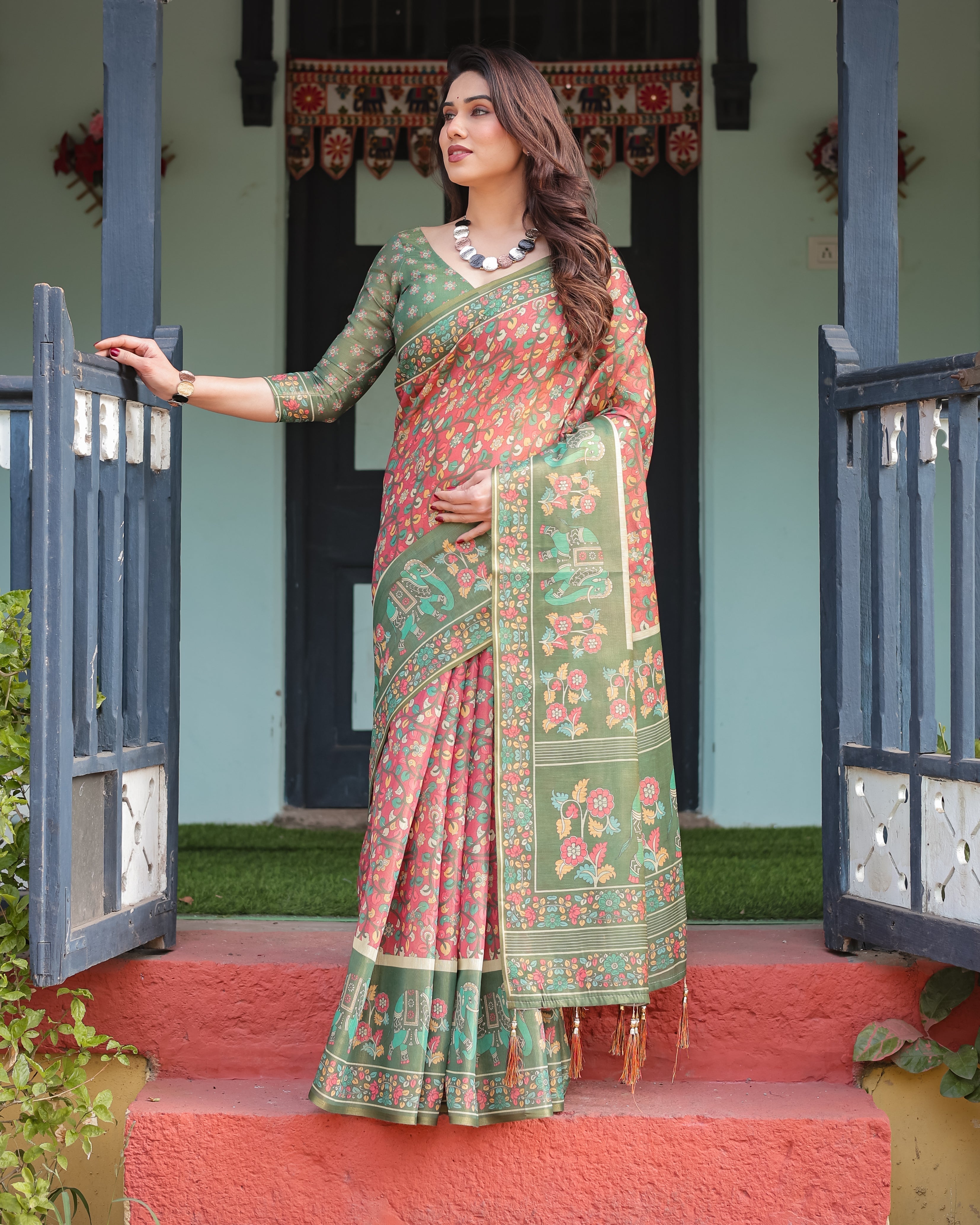 Green and Red Handloom Cotton-Linen Saree with Elephant Motifs and Floral Detailing LINEN HANDLOOM Main image