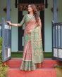Load image into Gallery viewer, Green and Red Handloom Cotton-Linen Saree with Elephant Motifs and Floral Detailing LINEN HANDLOOM
