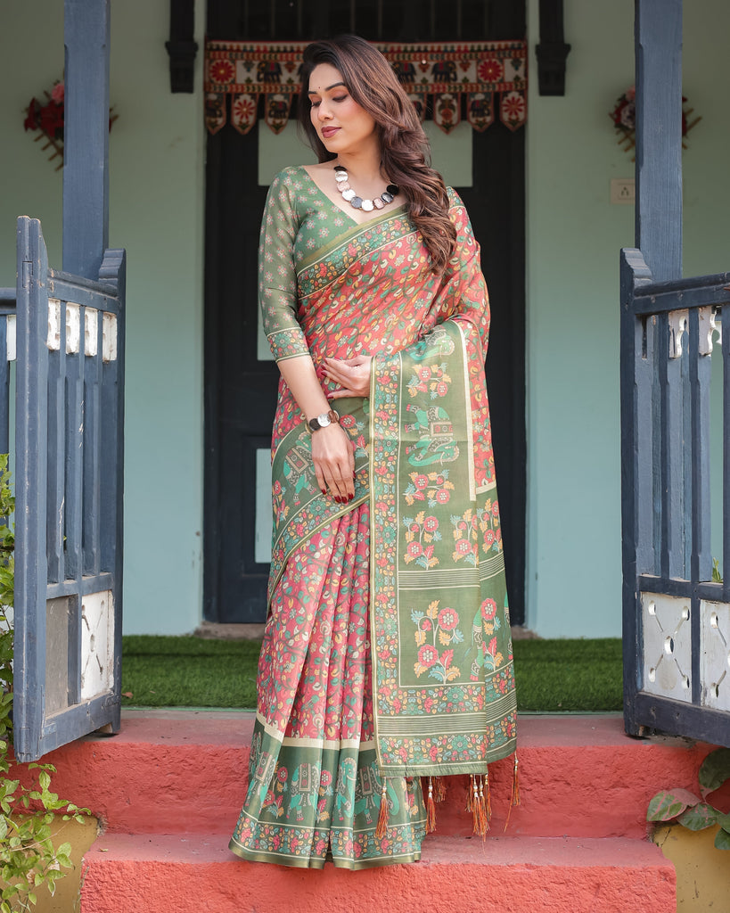 Green and Red Handloom Cotton-Linen Saree with Elephant Motifs and Floral Detailing LINEN HANDLOOM