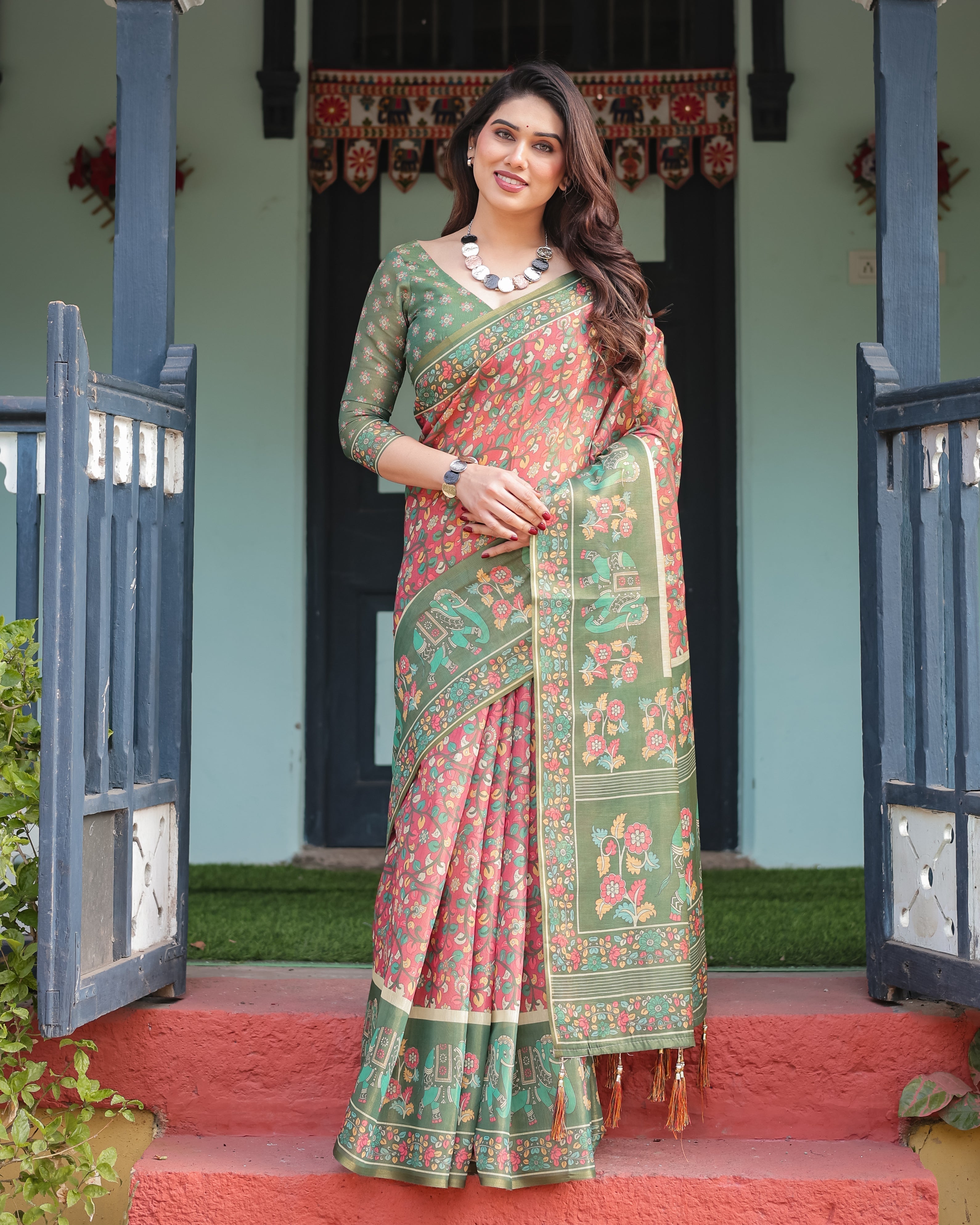 Green and Red Handloom Cotton-Linen Saree with Elephant Motifs and Floral Detailing LINEN HANDLOOM