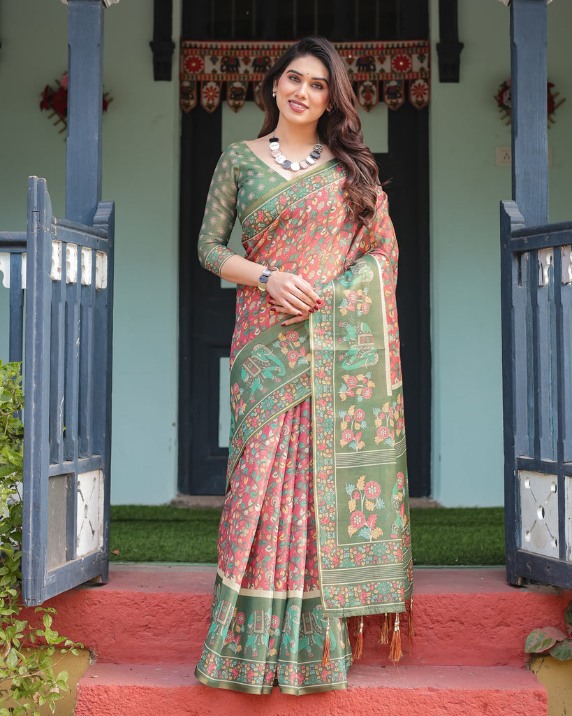 Green and Red Handloom Cotton-Linen Saree with Elephant Motifs and Floral Detailing LINEN HANDLOOM