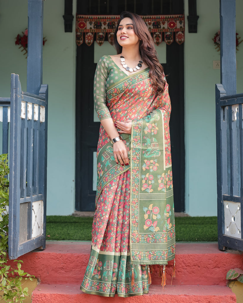 Green and Red Handloom Cotton-Linen Saree with Elephant Motifs and Floral Detailing LINEN HANDLOOM