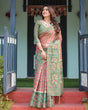 Load image into Gallery viewer, Green and Red Handloom Cotton-Linen Saree with Elephant Motifs and Floral Detailing LINEN HANDLOOM
